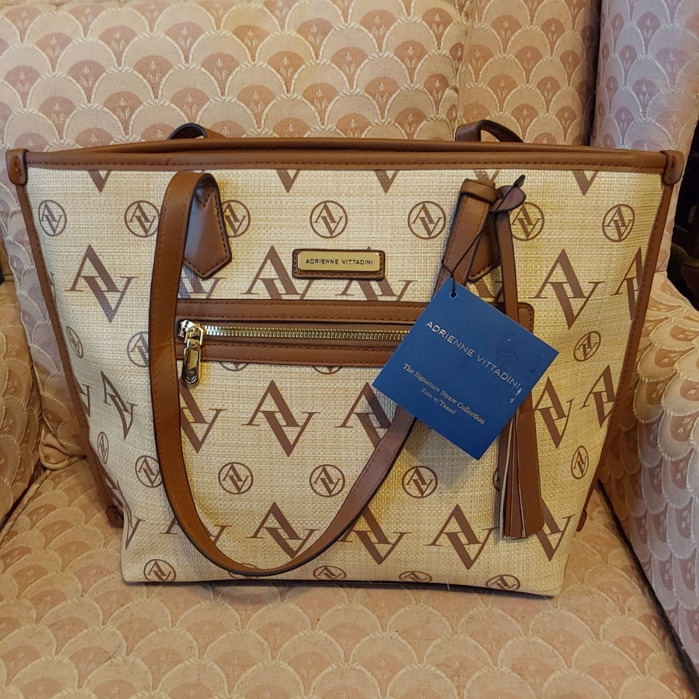 NWT Adrienne Vittadini Zipped Tote, Cognac Faux Leather Retail $190